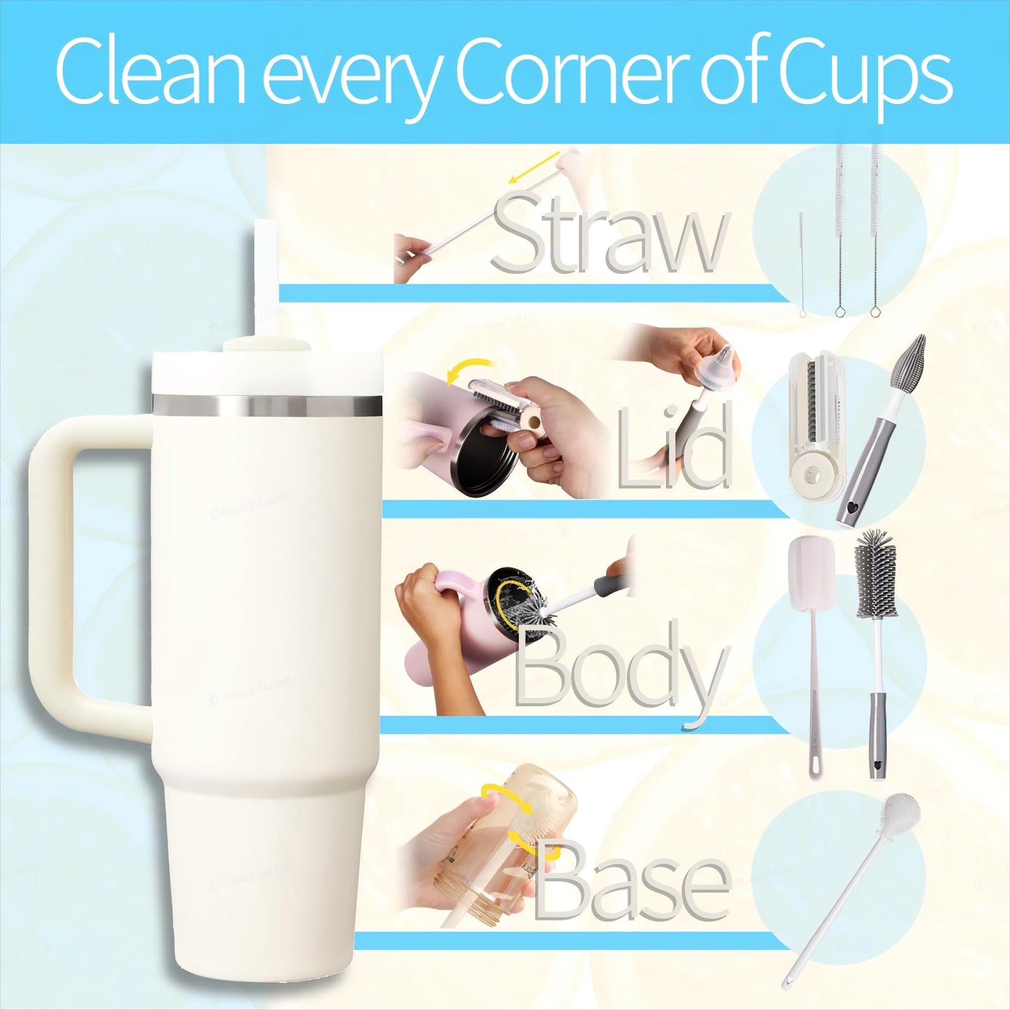 Dosanlues 8Pcs Water Bottle Cleaner Brush - Multipurpose Cup Cleaner Kit with Long Nylon Straw Brush Long Handle Silicone Bottles Cleaning for Tumbler, Sports Water Bottle, Wine Glass