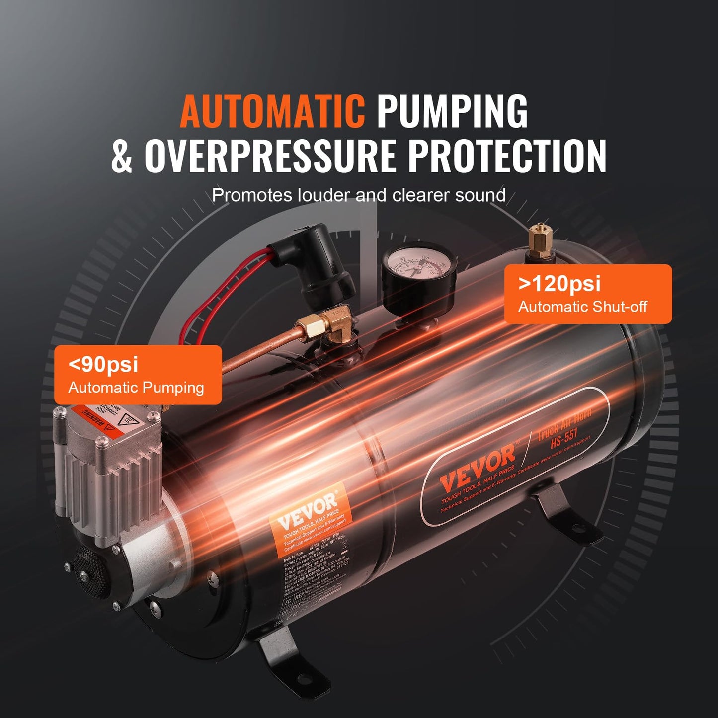 Vevor 12V Air Compressor With Tank 0.8 Gallon/3 L, Train Horn Air Compressor, 120 Psi Working Pressure Onboard Air Compressor Sy