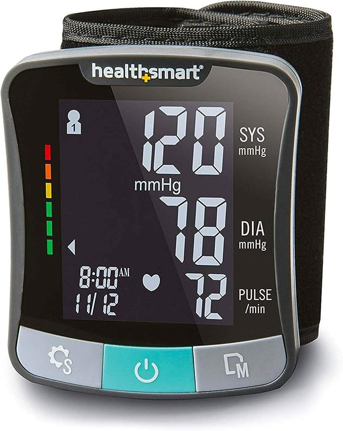 HealthSmart Digital Premium Wrist Blood Pressure Monitor with Cuff That Measures Pulse Heartbeat and High or Low BP, 120 R...