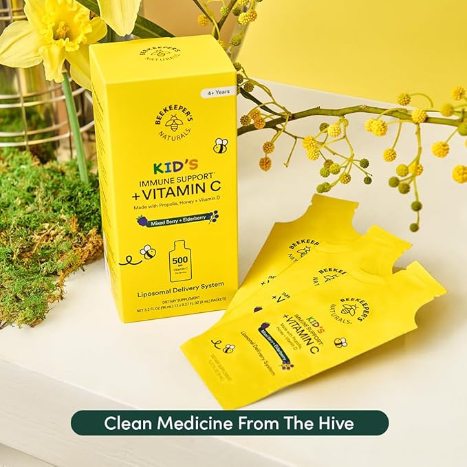 Kid's Immune Liposomal Vitamin C by Beekeeper's Naturals, 500 mg Vitamin C, Elderberry, Vitamin D, Propolis & Honey, Kid-Friendly Immune Support - Mixed Berry Flavor, Easy to Use, Bioavailable, 30 Ct