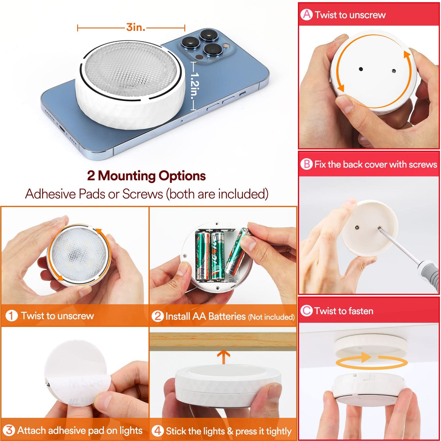 Tecomlight Led Puck Lights - Battery Operated, Wireless, Remote Control - 2 Pack - White - Under Cabinet & Closet Lighting