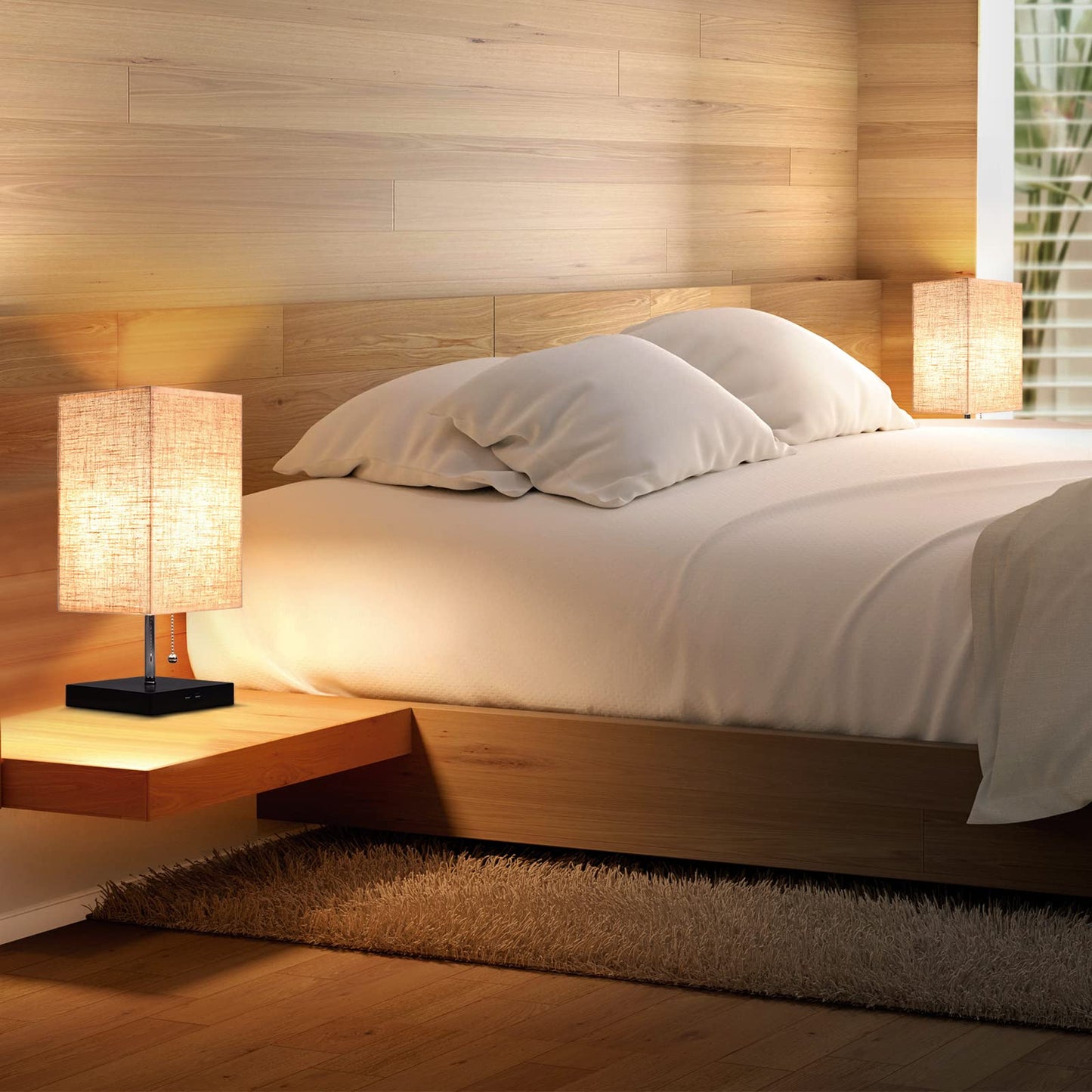 Siljoy Modern Bedside Table Lamp with USB Ports, Pull Chain Switch, Fabric Shade, Square, Black Base