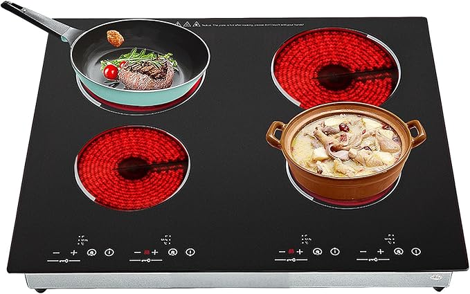 4 Burner Electric Cooktop 110V, 23 Inch Electric Stove Countertop & Built-in, 3000W Ceramic Stove Top with 9 Heating Level, Child Lock, Timer, Hard Wire, No Plug
