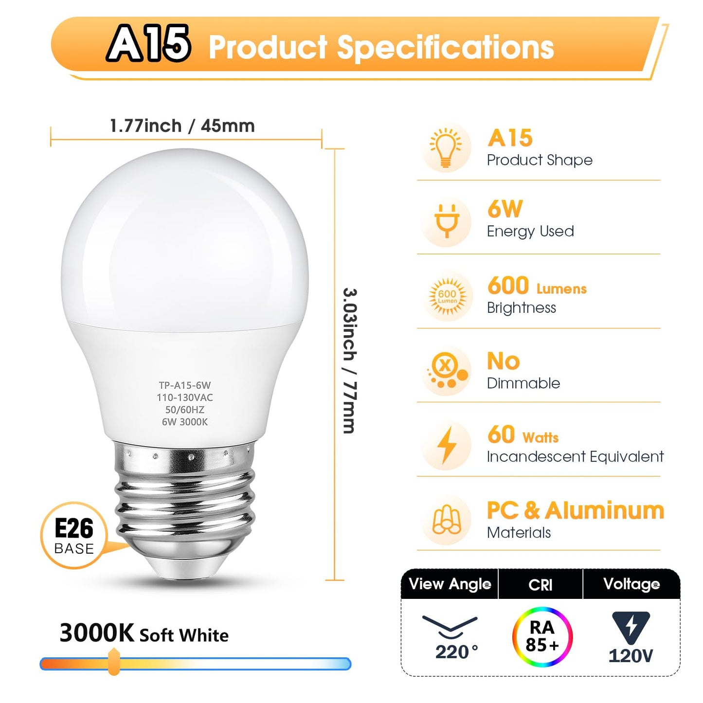 Maylaywood A15 LED Light Bulb 60W Equivalent Soft White 3000K E26 Base Non-Dimmable 6-Pack