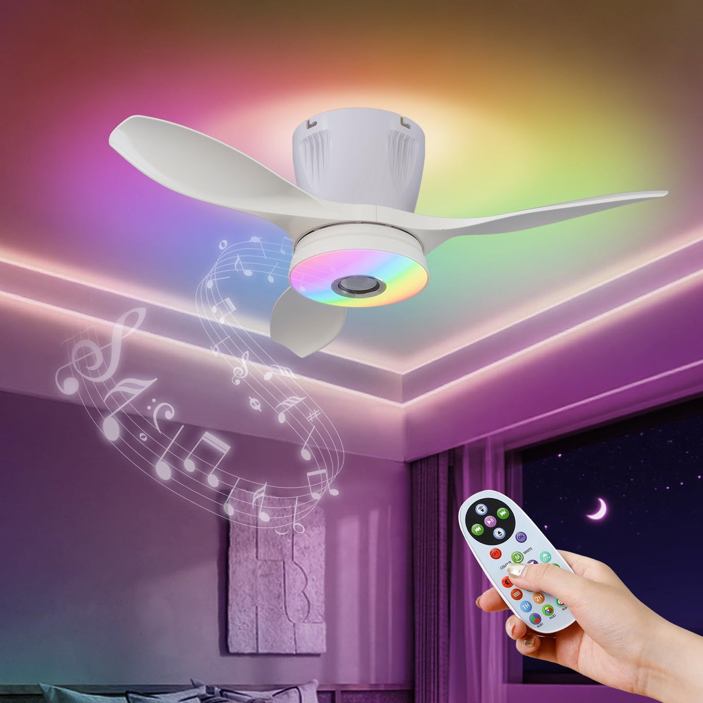 WVMNQO RGB Ceiling Fan with Bluetooth Speaker, 21in Low Profile, Dimmable Light, White, Model LEC016R