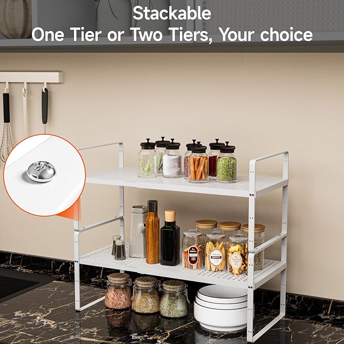 2Pack 16.5-27’’L Expandable Stackable Cabinet Shelves, Adjustable Spice Rack Cabinet Shelf Organizer for Kitchen, Countertop, Pantry and Cupboard, White