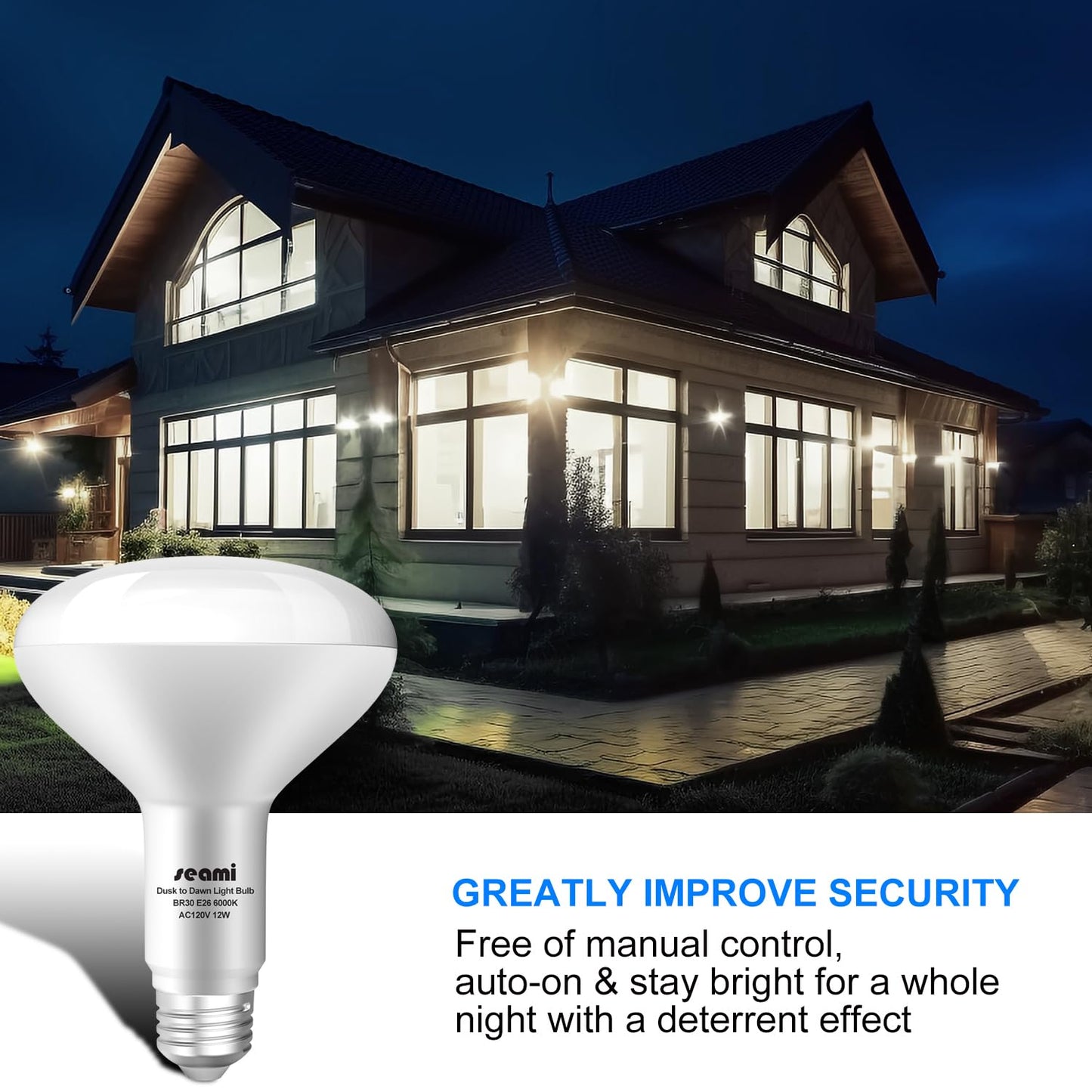 Seami Dusk To Dawn Light Bulbs Outdoor  Sensor Led Br30 Light Bulbs 12W E26 6000K Daylight Auto On/Off Light Sensor Automatic For Outdoor Lighting Pack Of 4 (Sb30Ggx4)