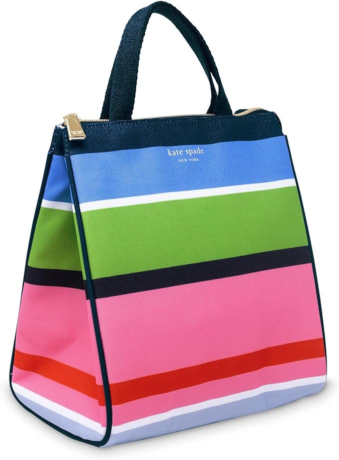kate spade new york Cute Lunch Bag for Women, Large Capacity Lunch Tote, Adult Lunch Box with Silver Thermal Insulated Interior Lining and Storage Pocket, Sunny Day Stripe