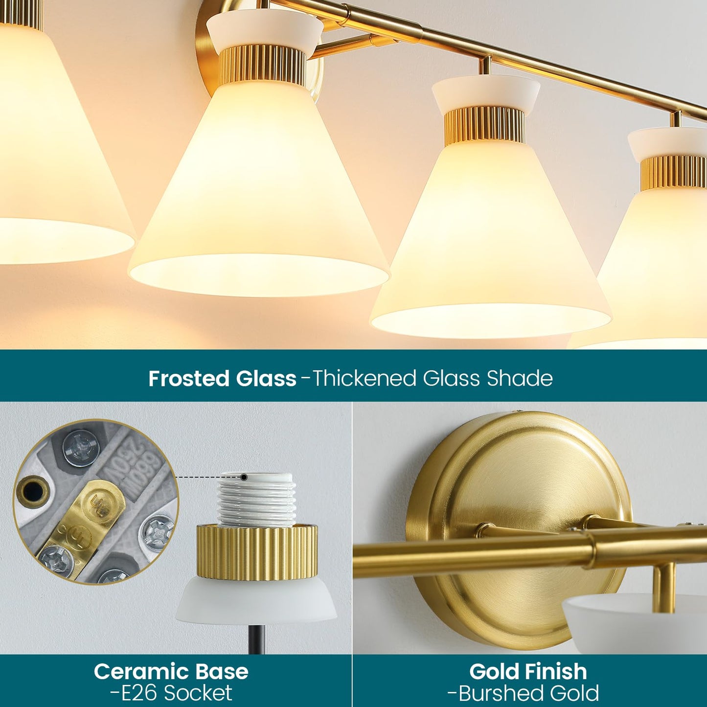 Woshitu Bathroom Vanity Light - 4-Bulb Mid Century Modern Sconce, Brass Gold, Frosted Glass, Metal, Over Mirror Lighting
