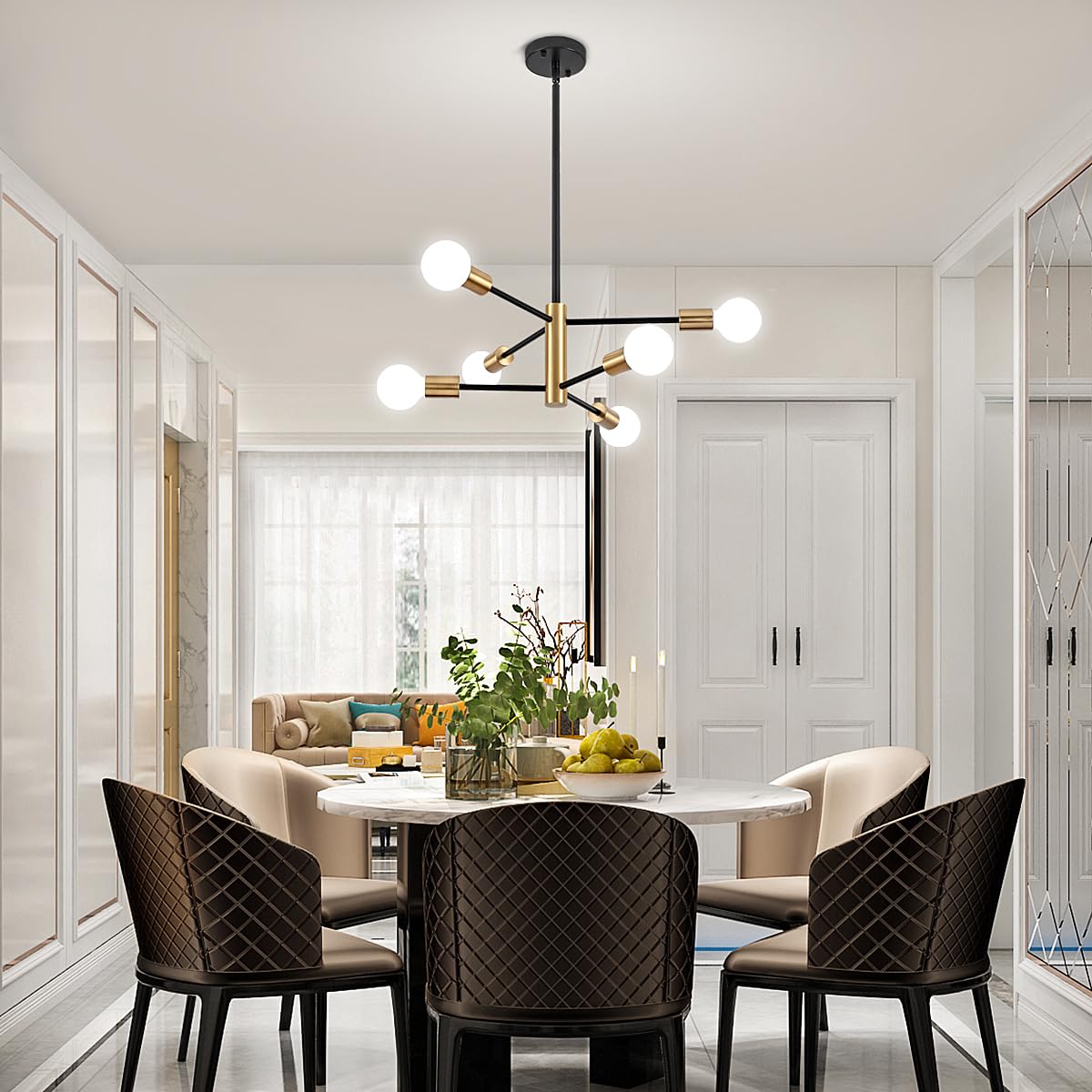 ZSMIHDOH Modern Chandelier, 6-Light Black & Gold Sputnik Light Fixture, Metal, Model Huazhi-68T for Dining Room, Living Room, Kitchen