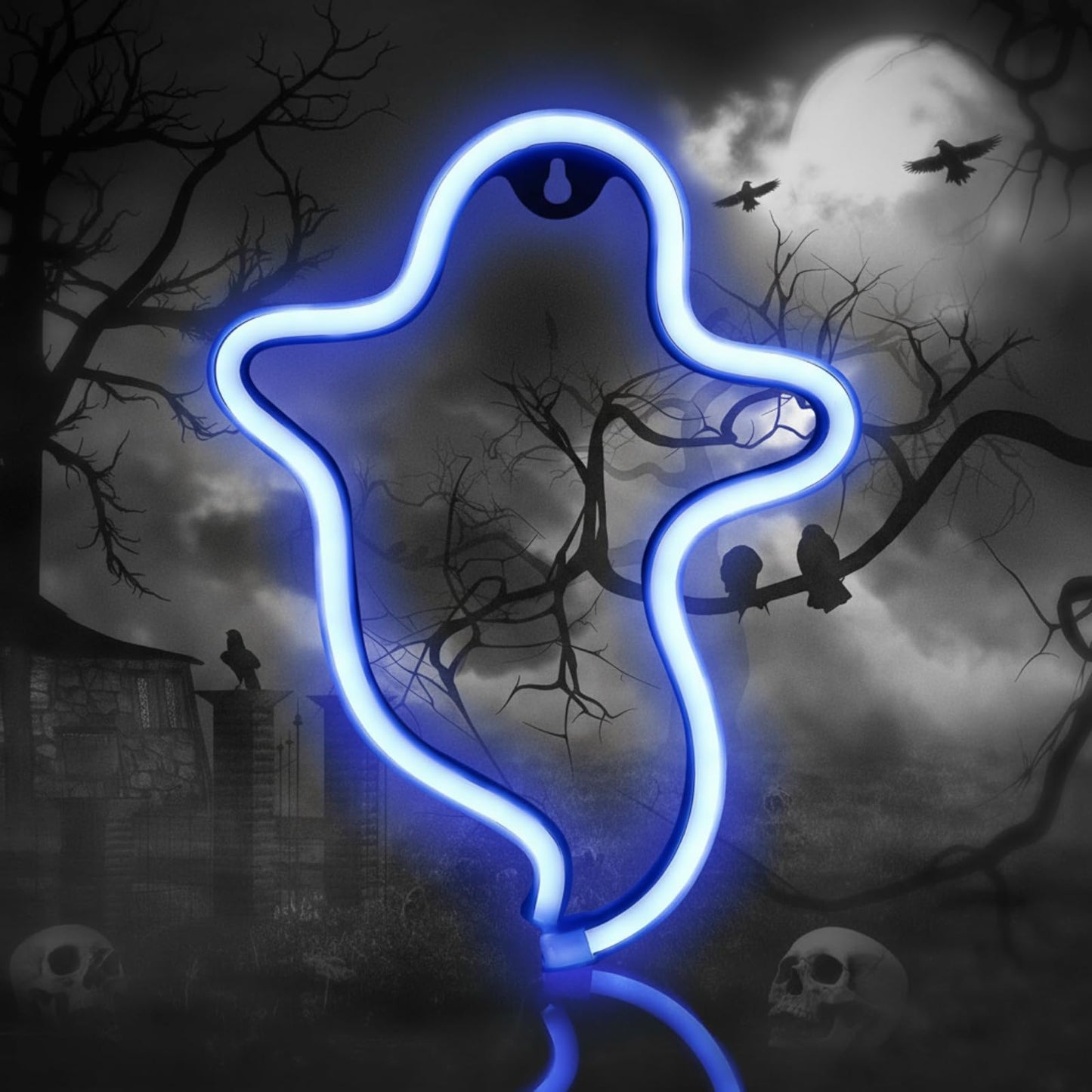 Mudder Neon Halloween Sign - LED Wall Decor, Battery/USB Powered, Moon & Bat Design, Blue & Pink, Perfect for Parties & Gifts