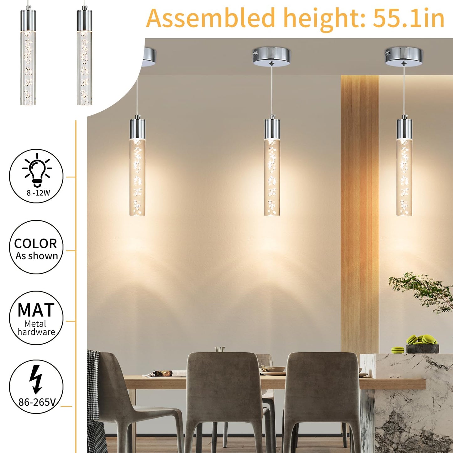 Modern Led Pendant Light  Chrome Bubble Hanging Ceiling Lighting Fixture  3 Color 2700K/4500K/6500K  Small Kitchen Island Chandelier Over Table For Dining Room  Living Room  Entrance  Bar  Cafe