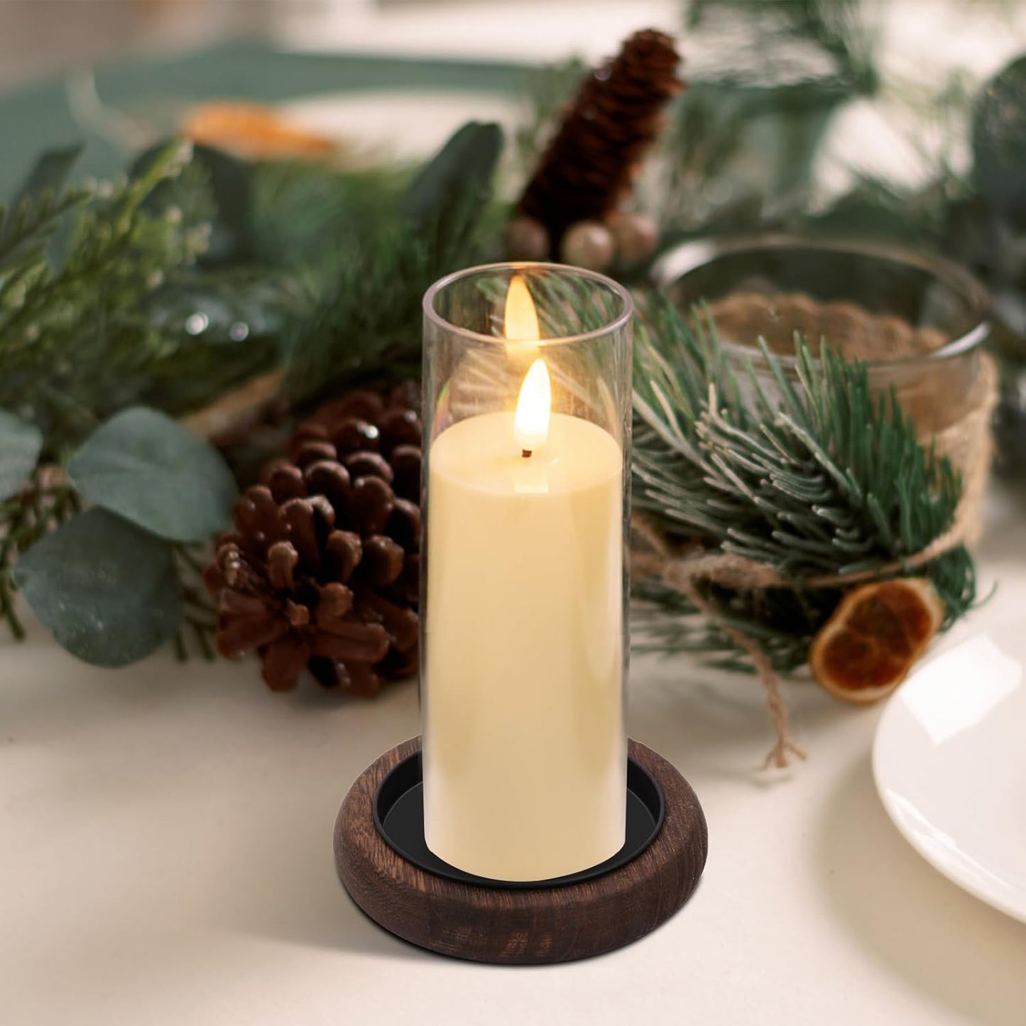 Wood Candle Holder Farmhouse Decor Wooden Pillar Candles Tray for Table Centerpiece Small Decorative Tray Riser Round Wooden Plate Pedestal Stand for Coffee Table for Christmas Decor Mu-2