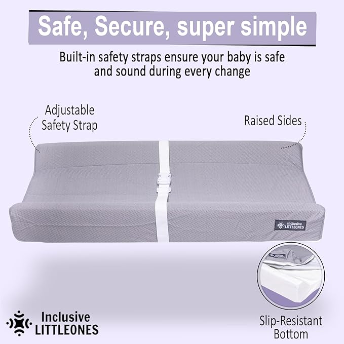 Baby Diaper Changing Pad Soft, Waterproof Changing Pad, Non-Slip Bottom, Safety Straps & Ergonomic Contoured Design - Wipeable Changing Pad Cover Standard Size (31.5"x16") Changing Tables & Dressers
