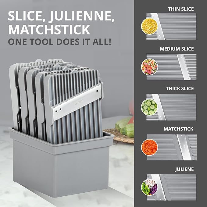 EMSON Safe Mandoline Slicer for Kitchen, All in 1 Mandoline Slicer for Food Works as Potato Slicer, Vegetable Slicer, Food Slicer, French Fry Cutter and More with 5 Blades and Storage Container