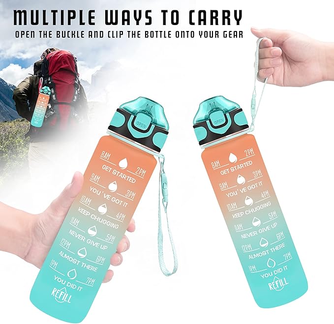 Enerbone 32 oz Drinking Water Bottle with Times to Drink and Straw, Motivational with Carrying Strap, Leakproof BPA & Toxic Free, Ensure You Drink Enough Water for Fitness Gym Outdoor