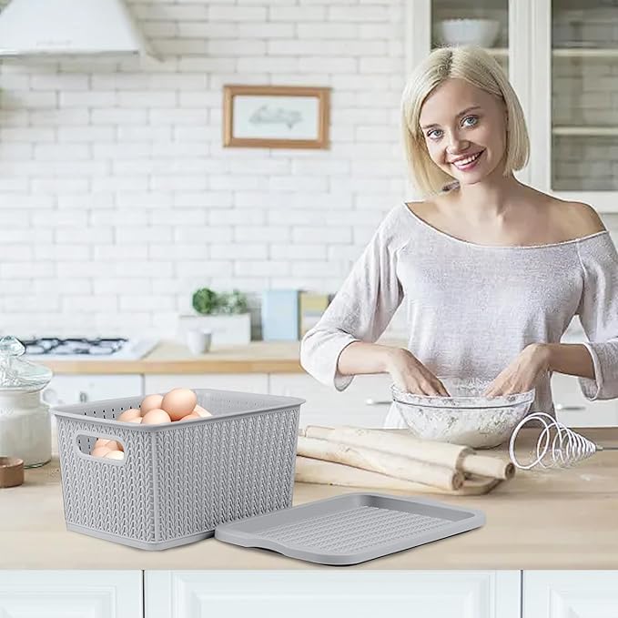 Egg Collecting Basket,Fresh Egg Holder Countertop with Lid,Farmhouse Weave Chicken Eggs Baskets,Large Capacity Eggs Gathering Storage,Plastic Storage Box with Handle Pantry Kitchen Organizer