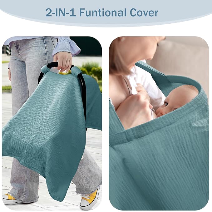 Hooyax 2-in-1 Baby Car Seat Cover & Nursing Cover, 100% Muslin Cotton, Breathable Car Seat Canopy and Privacy Breastfeeding Cover, Blue