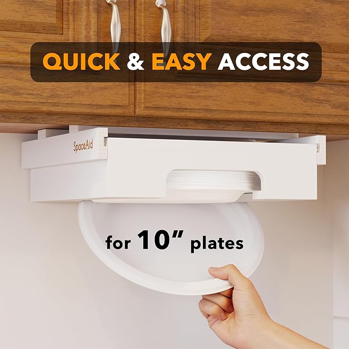 SpaceAid 10-inch Paper Plate Dispenser (Need 11.3 Inches Deep Cabinet Space) Under Cabinet Bamboo Plates Holder, Kitchen Vertical Dipensers Caddy, White
