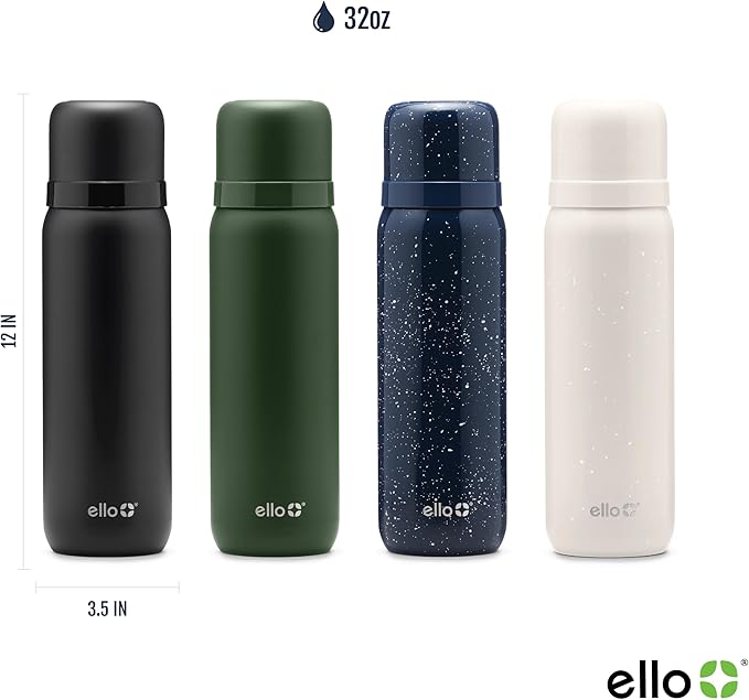 Ello Therma 32oz Insulated Stainless Steel Thermos for Hot & Cold Beverages with Leak Proof Lid & Built-in Cup, Triple Wall Insulation, Hot 24 Hrs, Perfect for Coffee,Tea, Dishwasher Safe, Black