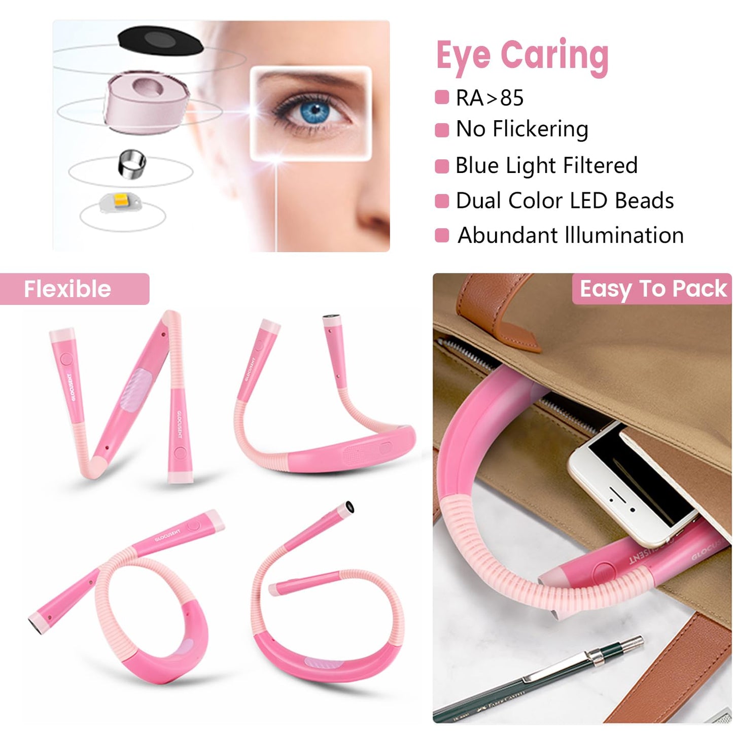 Glocusent Book Light, 3-Color & 6-Brightness, Medium, Pink, Model GLCSNTBL001, Rechargeable, Bendable Neck, Perfect for Reading and Knitting