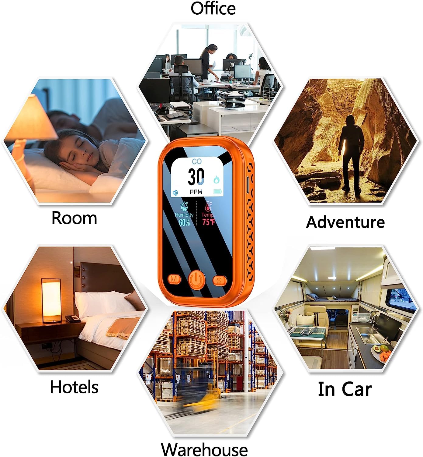 HAKINAKU Travel Carbon Monoxide Detectors 3-in-1 Mini Size Portable CO Detector with Kickstand & Lanyard Built-in 120h Battery [CO Temp Humidity Sensor] for Travel Camping RV Hotel Safety (Orange)