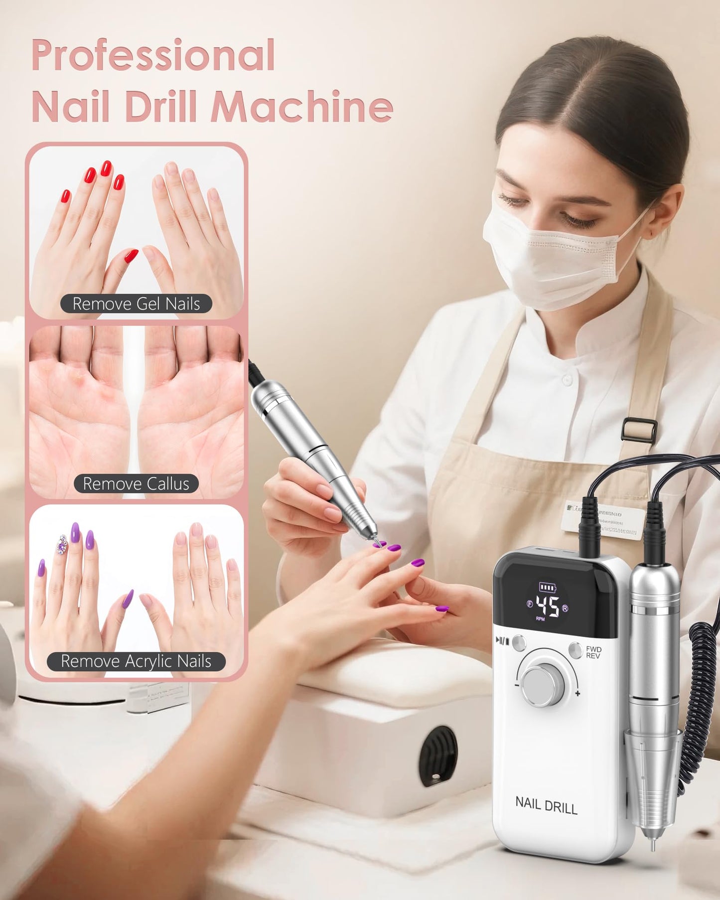 Electric Nail Drill Professional: 45000 RPM Portable Rechargeable Nail Drills Machine with 6 Bits, Drill para Uas E File for Acr