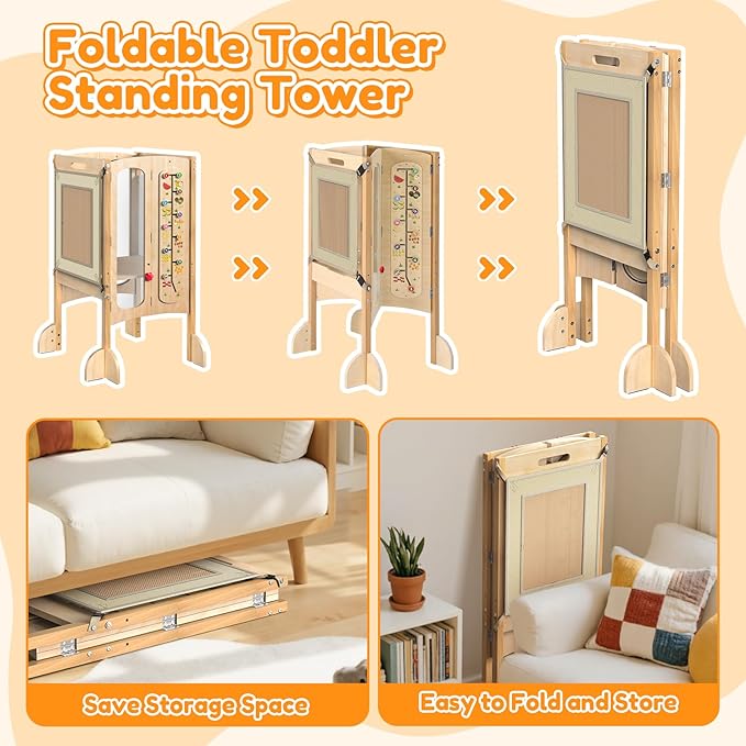 FlyingBoom Foldable Toddler Tower, Kitchen Stool Helper with 2 Step Stool, Toddler Standing Tower for Kids with Safety Net, Adjustable Height, Chalk-Whiteboard &Montessori Activity Games