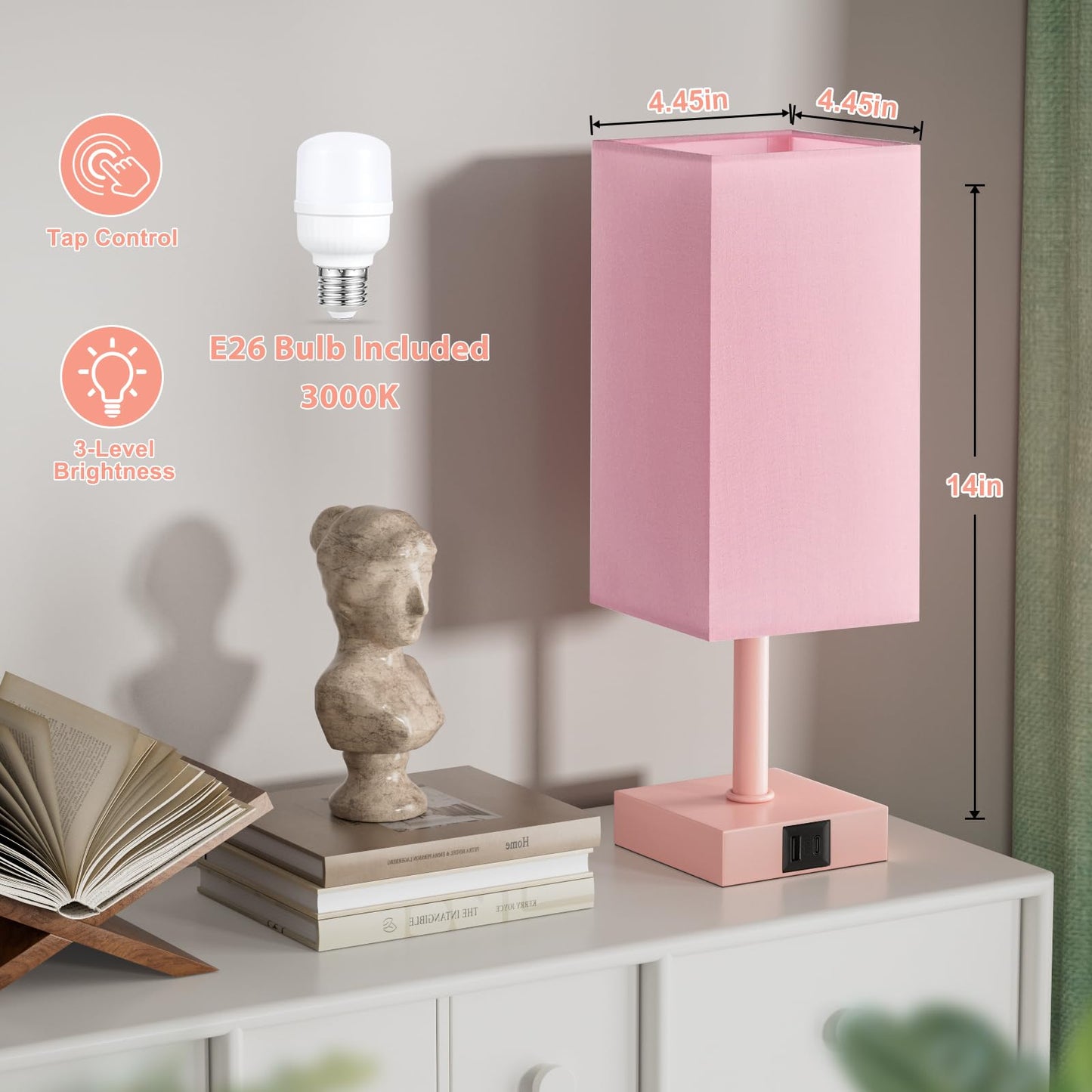 Ambimall Touch Control Table Lamp with USB Ports, 13 inches, Fabric, Pink Shade & Base, Model RPT-fang1-9