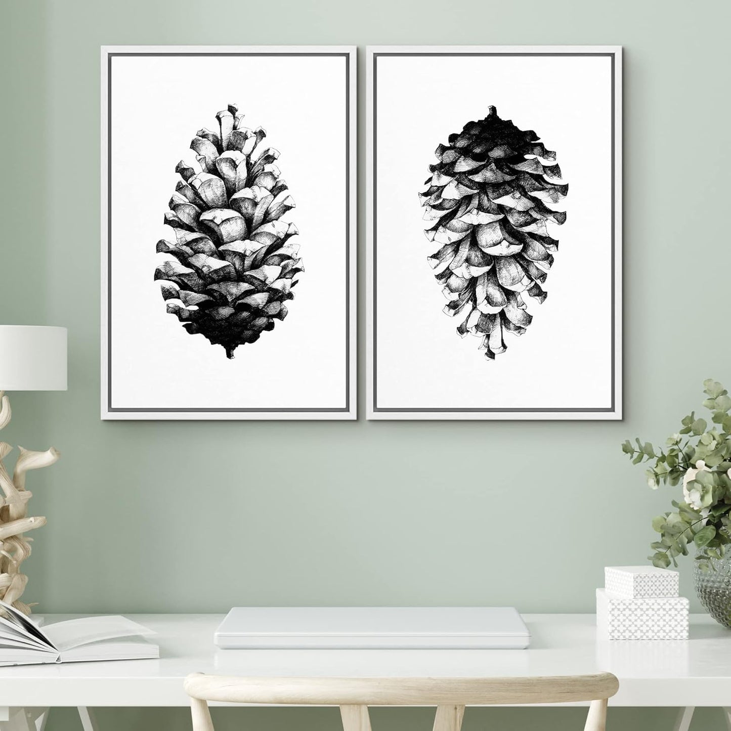 SIGNWIN Framed Canvas Print Wall Art Set Black & White Forest Woodland Pinecone Nature Wilderness Illustrations Modern Art Rustic Relax/Calm for Living Room, Bedroom, Office - 24"x36"x2 White