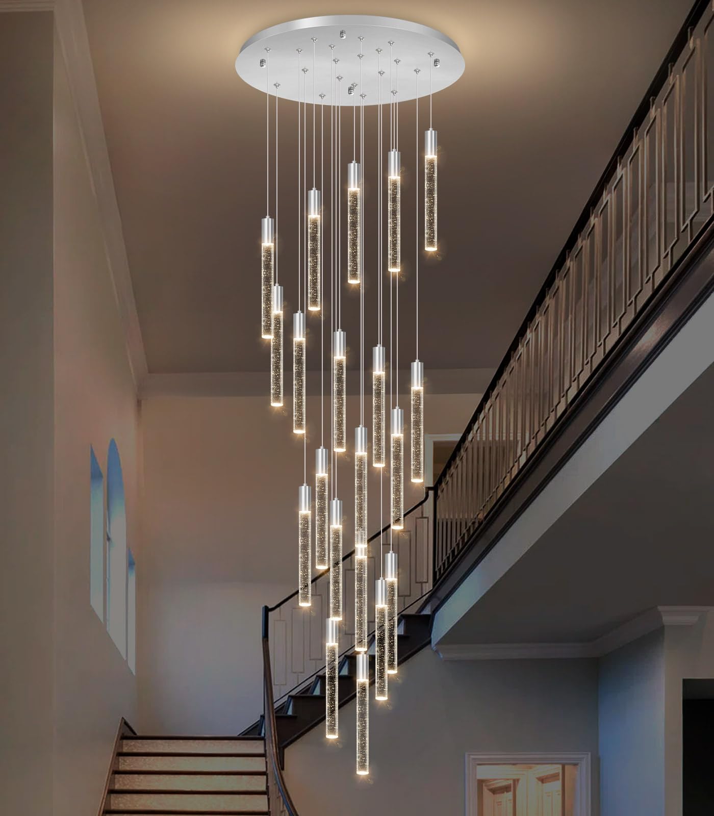 Haixiang 13 Foot High Ceiling Chandelier For Entryway Modern Crystal Lights For Living Room Foyer Flush Mount Sloping Ceiling Pendant Light Fixture Remote Dimmable 20-Lights Black