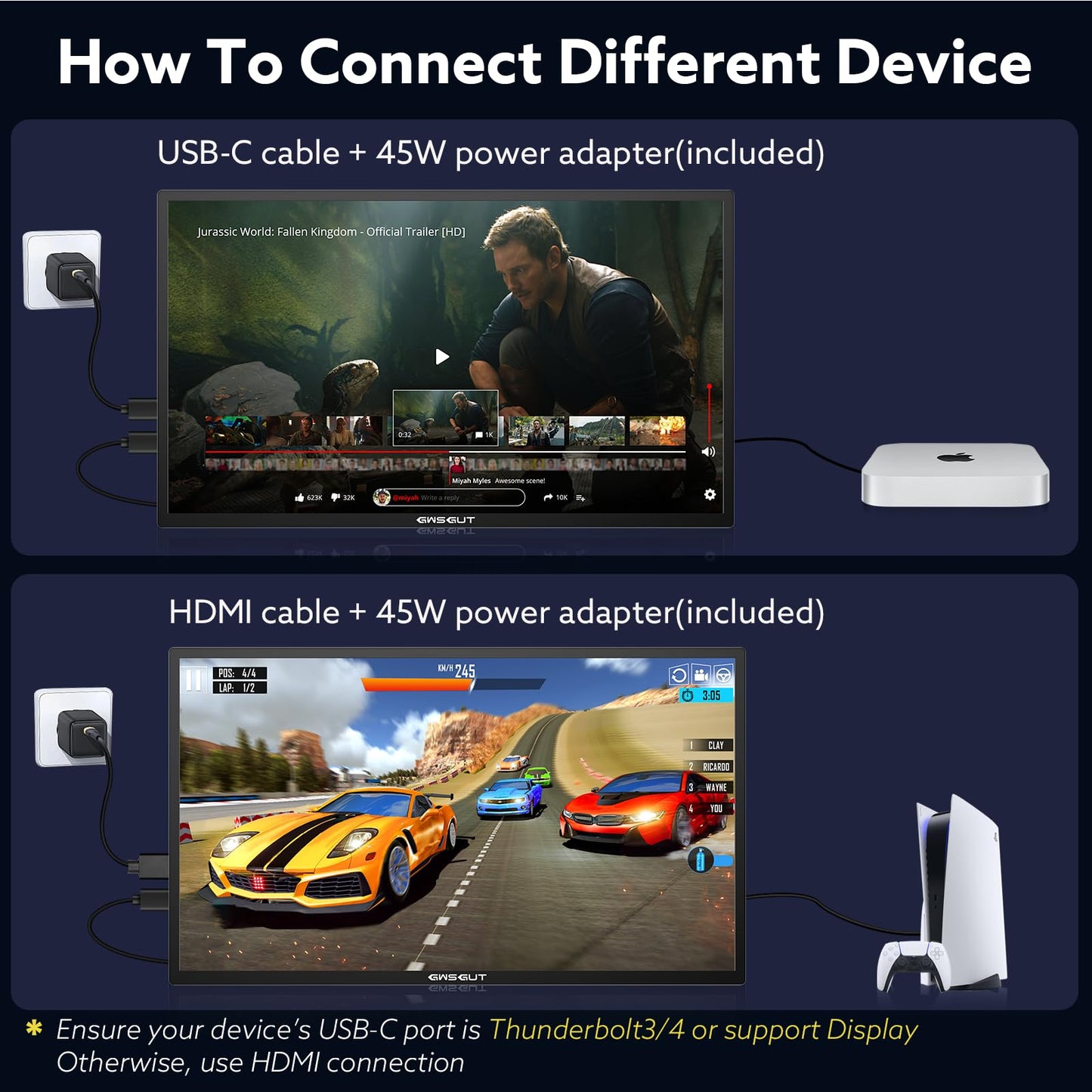 GWSGUT 23.8'' FHD 1080P 120Hz Portable Monitor VESA USB-C HDMI Large Second External Gaming Screen Built-in Stand Speakers for Laptop PC Mac Phone PS4/5 Xbox HDR IPS Display (1080p 120Hz, 23.8")