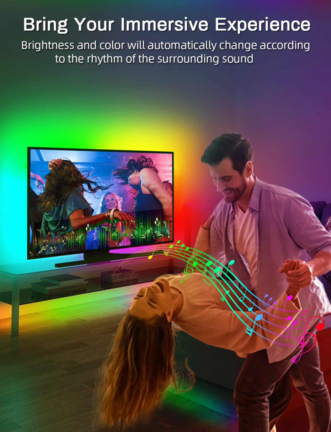 MATICOD LED Strip Lights for TV, 9.84ft RGB, Bluetooth APP Control, Music Sync, Suitable for 32in-43in TV, Rainbow Color