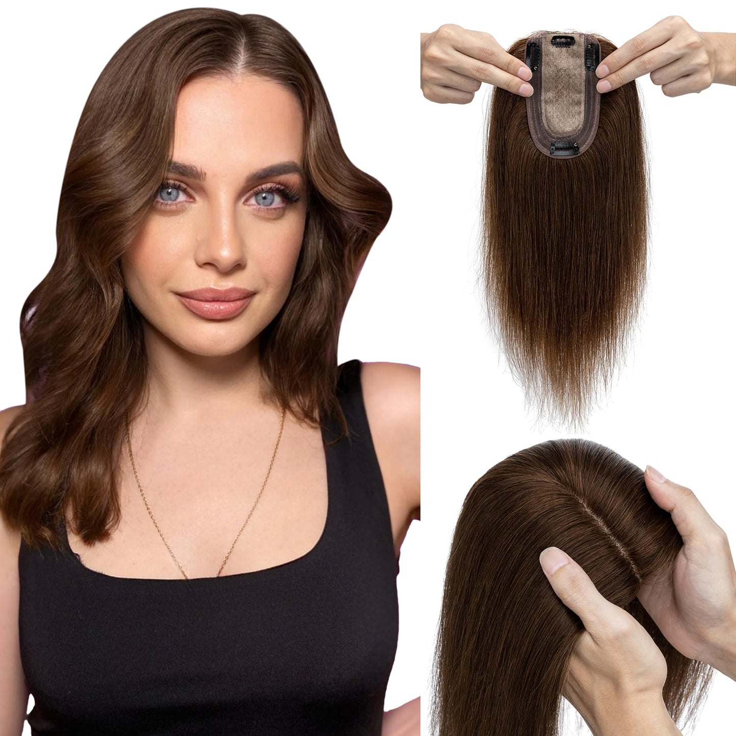 Elailite Hair Toppers for Women Real Human Hair Topper Thinning Thin 5.1x2.8 Silk Base Clip in Remy Hairpieces 14 Inch Chocolate