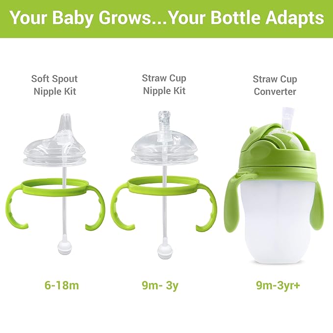 Sippy Cup Soft Spout Transitional Nipple Kit Bundle Compatible with Comotomo Baby Bottles, 5 oz and 8 oz | Value Bundle 2 Kits + Brushes (Green)