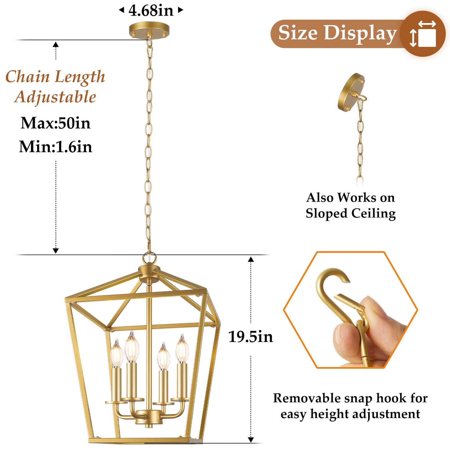 Farmhouse Chandelier 4-Light  Gold Pendant Light Fixture For Kitchen Island Dining Room  Lantern Industrial Lighting Ceiling Hanging With Metal Cage Adjustable Height For Entryway Foyer