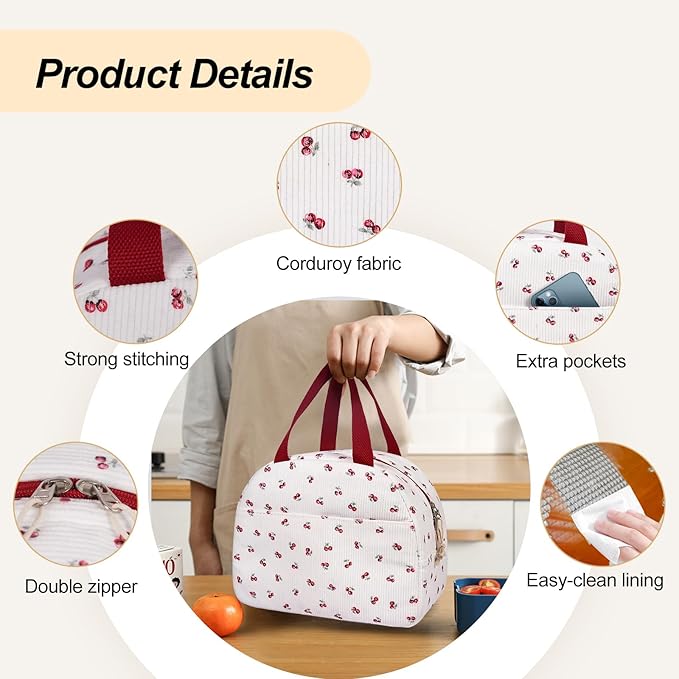 Lunch Box for Women,Cute Quilted Lunch Tote Bag,Reusable Insulated Lunch Box,Large Capacity Cooler Bag with Compartments for Work, Picnics or Travelling