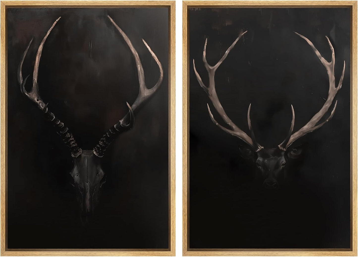 SIGNWIN Framed Canvas Print Wall Art Rustic Antler Skull Dark Dramatic Black Vintage-Inspired Deer and Elk Antlers Illustrations Decorative for Living Room, Bedroom, Office - 16"x24"x2 Natural