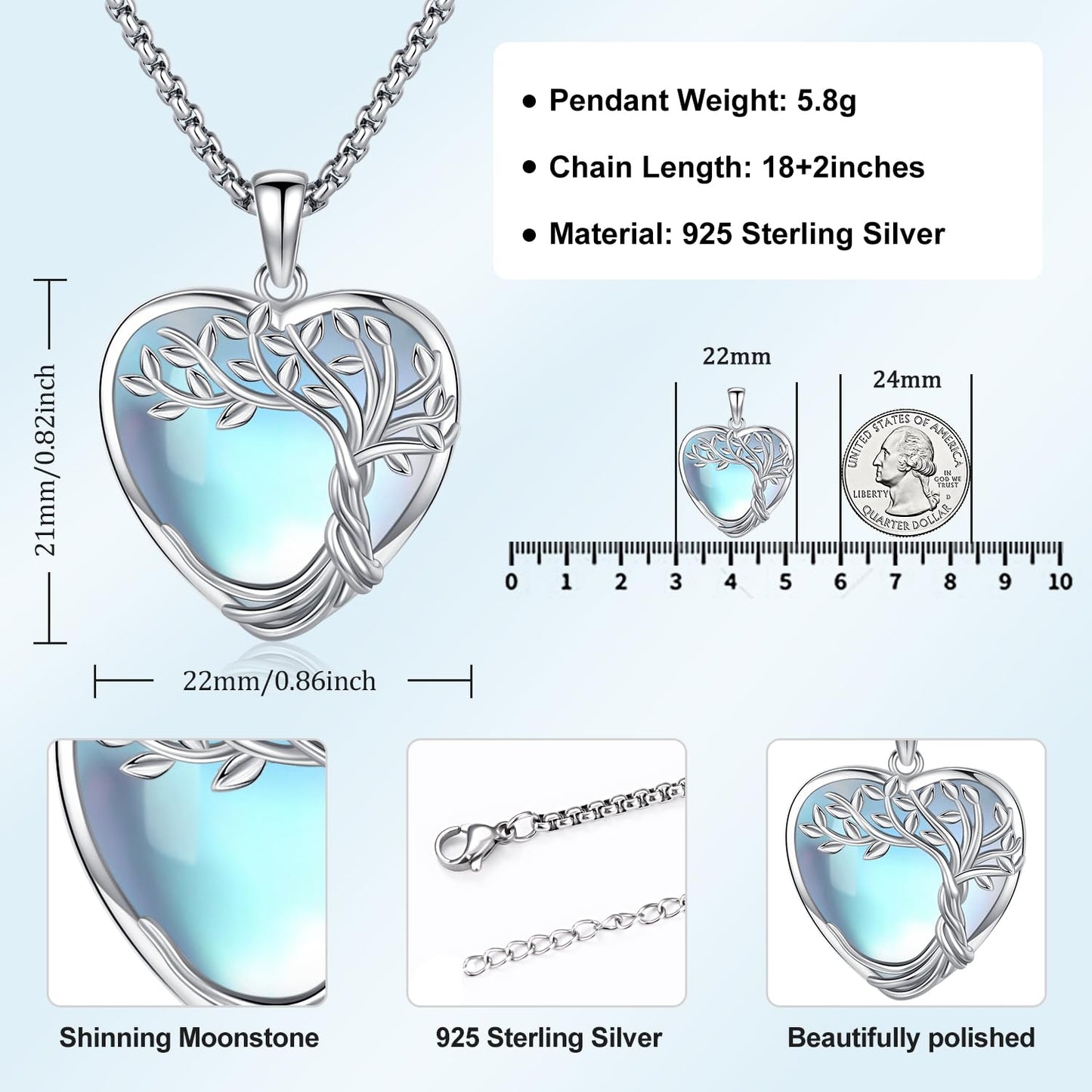 Aniu Tree of Life Necklace for Women Sterling Silver Blue Heart Crystal Celtic Tree Necklace Celtic Family Tree Moonstone Neckla