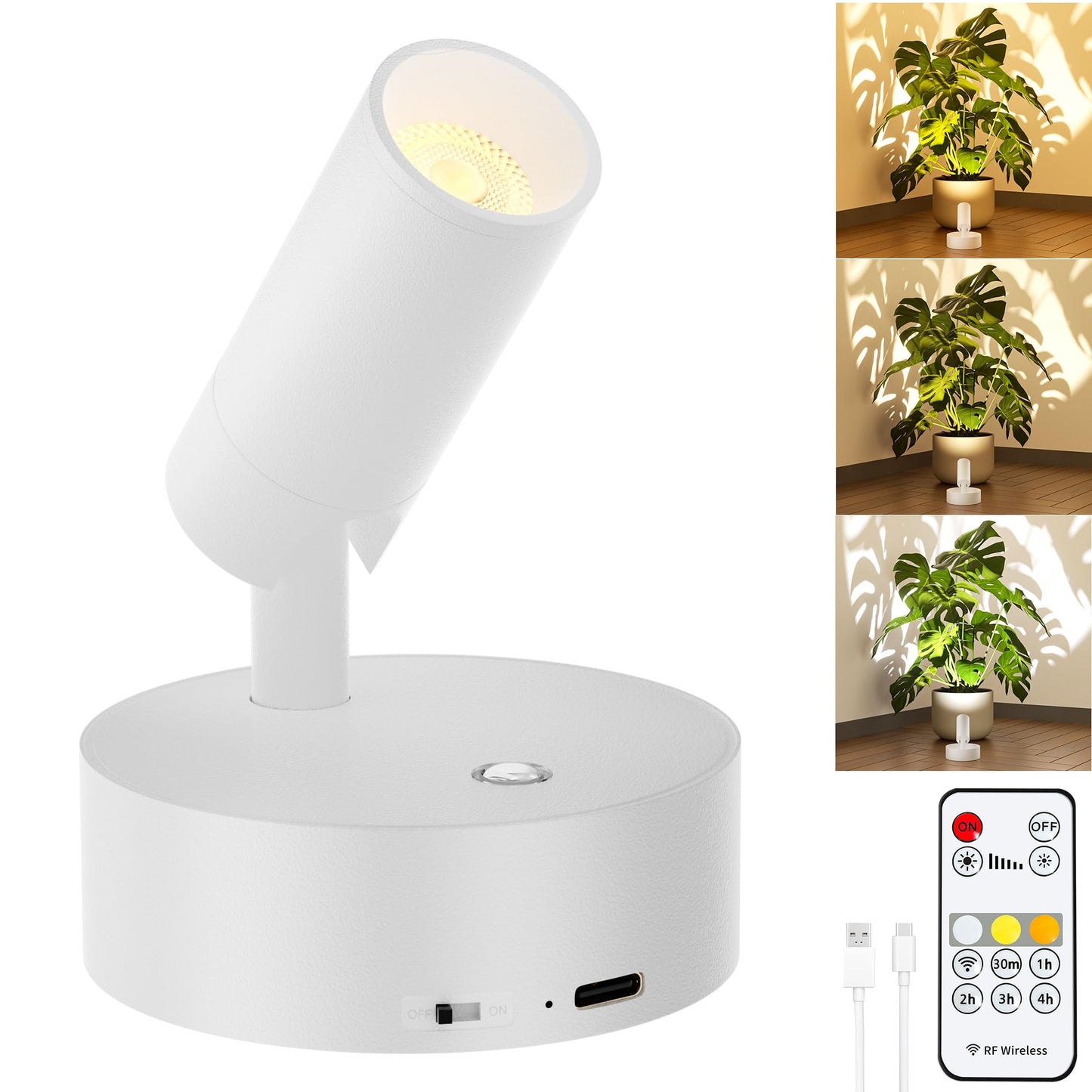 GORDNWE Rechargeable LED Spotlight - Wireless Battery Operated Accent Light, Remote Control, 1 Pack, White, Model DX0036