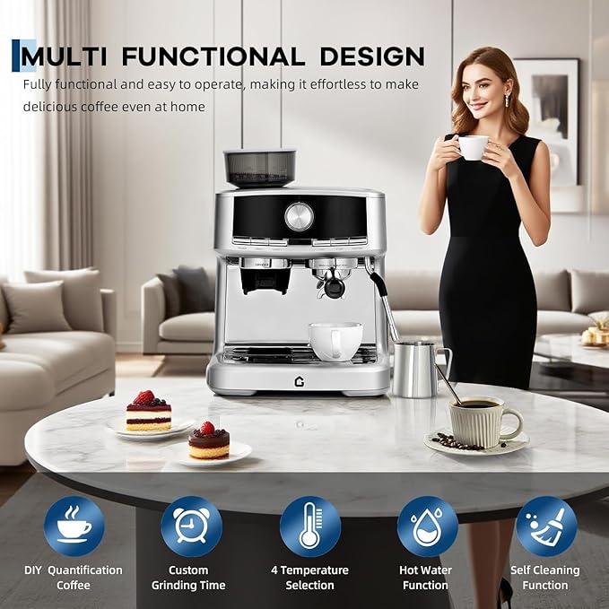 20 Bar Pressure Stainless Steel Espresso Machine with Grinder, 1.5l Removable Water Tank, Milk Frother Steam Wand for Latte and Cappuccino, Adjustable Shot Volume,Silver