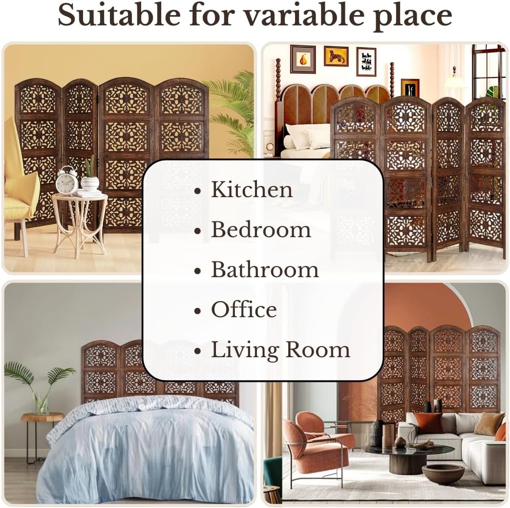 Room Divider Wood Screen Panel – Burnt Brown, 4-Panel Folding 64"x48", Hand-Carved, Reversible Privacy Partition, Decorative & Functional Portable Room Divider for Home or Office