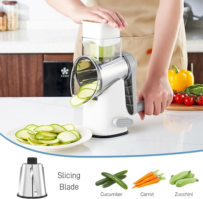 VEKAYA Cheese Grater, Cheese Grater Hand Crank, 4 Interchangeable Blades Cheese Shredder, Vegetable Slicer, Non-slip Suction Base, Easy to Clean Rotary Grater with Handle (White Grey)