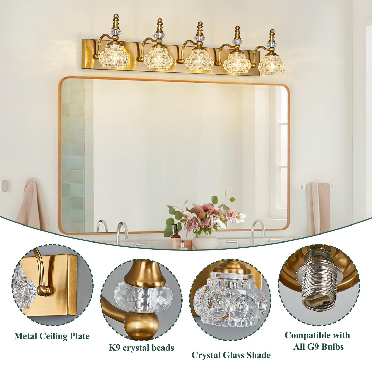 Lbsqj Modern Glass Crystal Vanity Light - Vintage Bathroom Lighting Fixtures Over Mirror  5 Light Vanity Lights G9 Bulb (35.43 Inch  Gold)