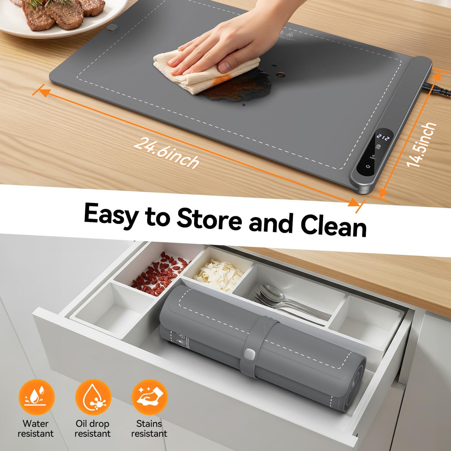 Food Warming Mat, Heating Fast Full Surface Electric Warming Tray with 6 Adjustable Temperature, 6 Hours Timer, Auto Shut-Off, Silicone Heating Mat for Food Buffet, Grey