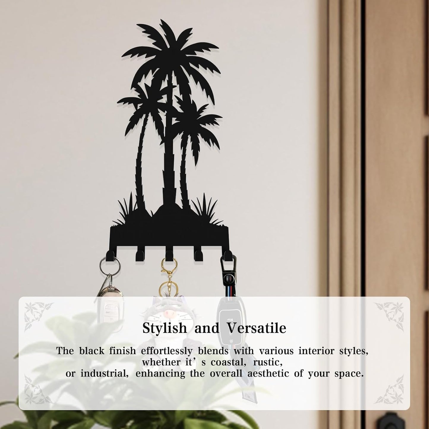 Black Metal Key Holder for Wall,Coconut Trees Key Hooks Wall Mount Whith 5 Hooks,Tropical Style Key Hanger Wall Decor for Front Door,Hallway,Entryway,Office