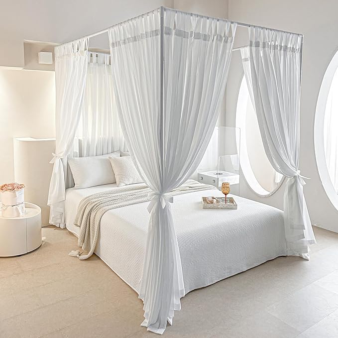 AIKASY Canopy Bed Board with Top and Self-Adhesive Velcro Strips, White Gauze Princess Bed Canopy Curtain Tent, Creating a Romantic Atmosphere in The Room（King/California King，White）