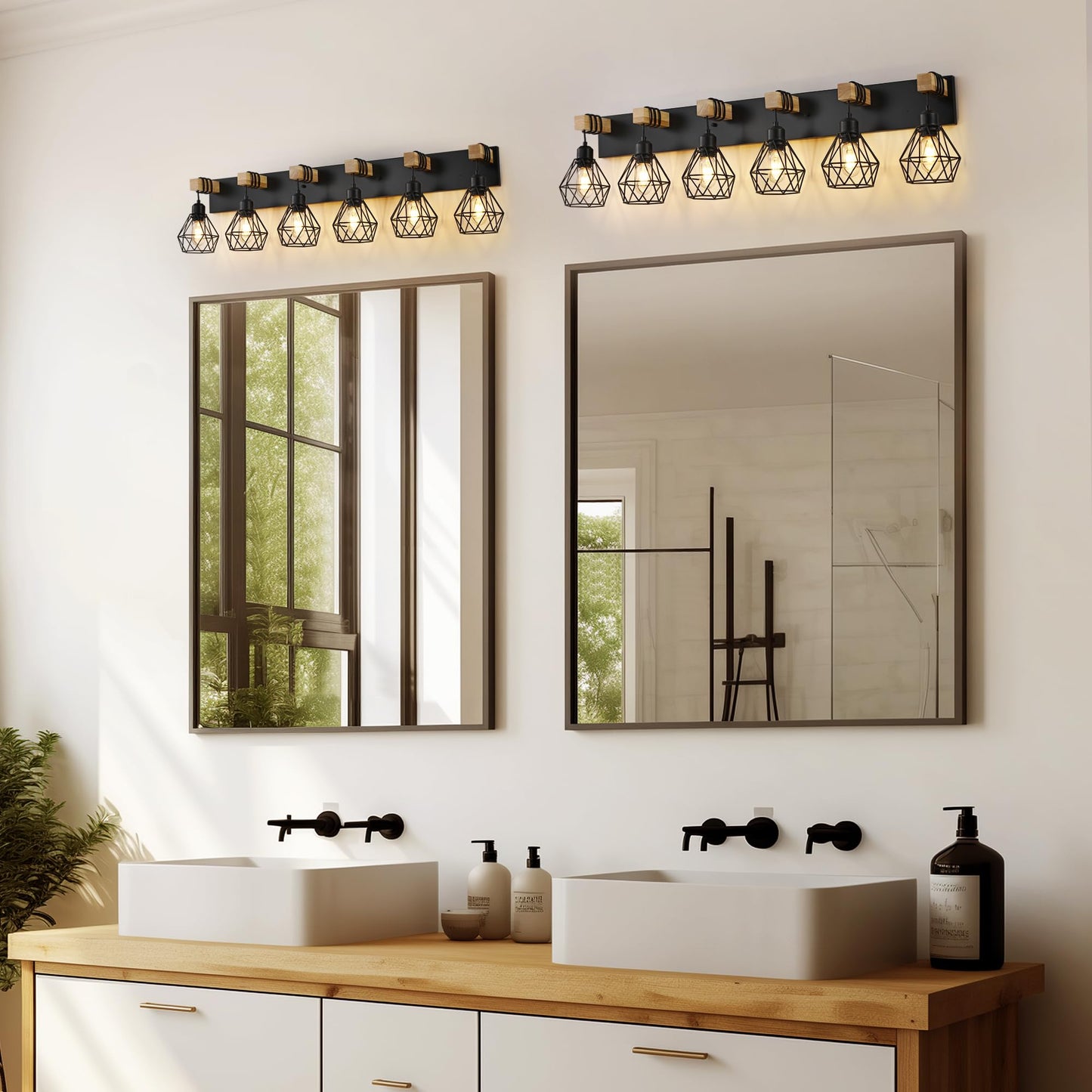 Farmhouse Bathroom Vanity Light Fixtures  6-Light Wood Bathroom Light Fixtures Over Mirror  Rustic Sconces Wall Lighting With Elegant Metal Lampshade For Living Room  Bedroom  Hallway