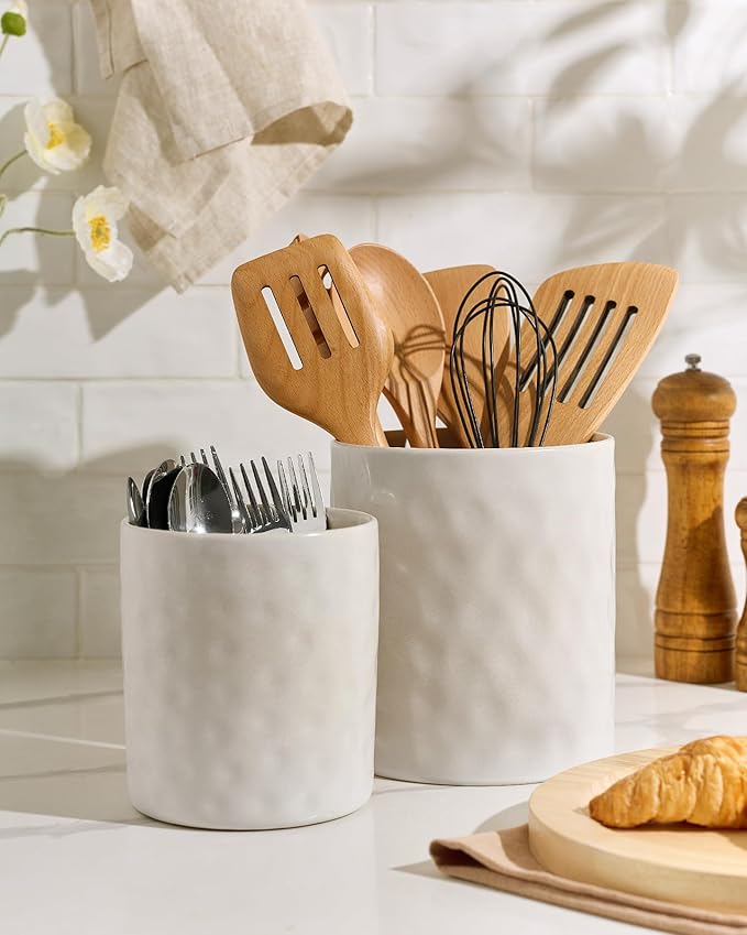 famiware Ocean Utensil Holder, 7.2"+5.8" Ceramic Kitchen Utensil Holder for Countertop, Cooking Utensil Crocks, Utensil Organizer for Spatula & Spoon, Kitchen Decor, Set of 2, Matte White
