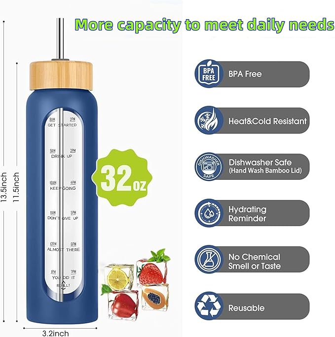 32 oz Glass Water Bottles with Straw - Motivational Glass Water Bottle with Time Marker & Silicone Sleeve(navy bule)